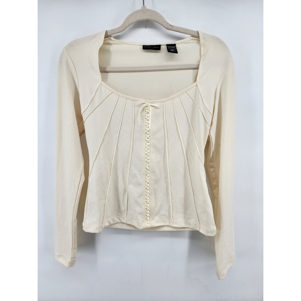 New York & Company Cream Corset Style Lace Up Long Sleeve Top XS